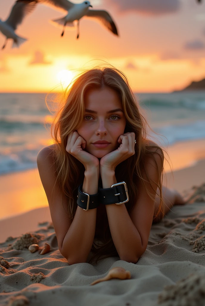 A woman lies on the beach bound with wide black leather handcuffs.