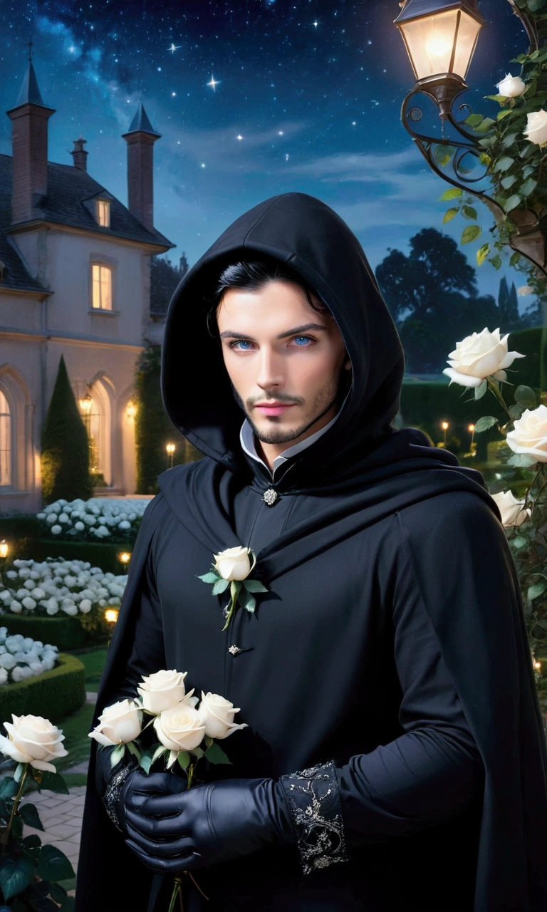 a young handsome european man black hair short beard blue eyes wearing a black noble cloth with hood cover his head with black gloves with a white rose brooch in the white roses garden at night with a manor house in the background with a stars, cinematic