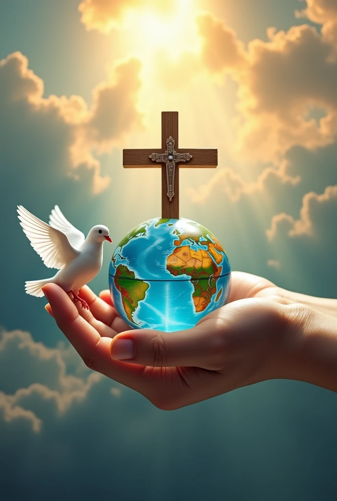 Hand holding a dove in the right hand and a cross in the left and a world in the center
