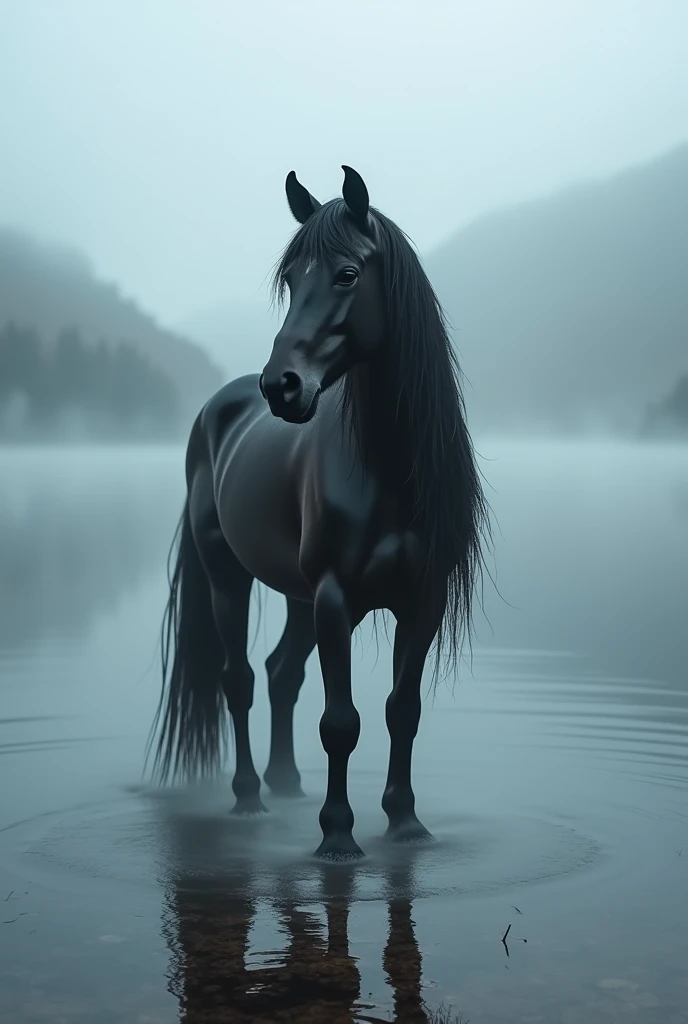 A mysterious, ethereal horse standing at the edge of a mist-covered loch in the Scottish Highlands. The Kelpie’s dark, glossy coat glistens with water, and its mane appears almost as if it’s made of flowing liquid. The atmosphere is hauntingly serene, with the mist swirling around the Kelpie’s legs, and the dark waters of the loch reflecting the overcast sky. The scene exudes an eerie sense of calm before the danger that lurks beneath.