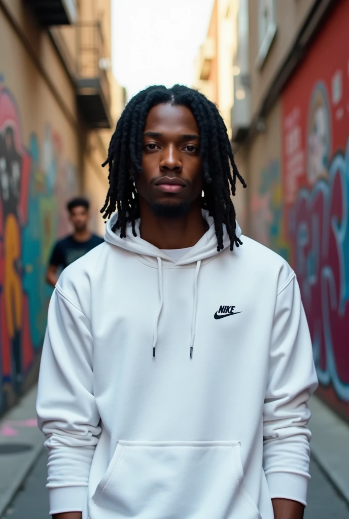 A not very tall guy with dreadlocks wearing a white Nike sweatshirt