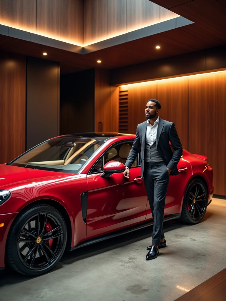  1.0 - Official Launch"  Precision - SDXL LoRA"  Interiors - SDXL LoRA"  A crimson red Porsche Panamera Turbo S E-Hybrid is parked in an ultra-luxurious garage, where every detail exudes opulence and sophistication. The garage floor is made of polished concrete, reflecting the car's sleek curves and creating a mirror effect. The walls are clad with elegant, dark wood paneling, interspersed with sections of exposed carbon fiber and glass, giving the space a modern and timeless feel. The overload, soft, recessed lighting emits a warm tone, gold glow, highlighting the carbon fiber wheels and chrome details of the Porsche. The panoramic sunroof allows the ambient lighting to play across the car’s beige leathery interior with Carmine Red stitching, showing the meticulous craftsmanship. To the side, a vintage leathery armchair and a glass coffee table with a decanter of fine whiskey suggest a space designed not just for cars, but for relaxation and contemplation. | André is next to the car, his hand resting casually on the carbon fiber door trim. He is dressed in a bespoke charcoal gray slim-fit suit that matches the modern luxury of the surroundings. Your posture is relaxed, with one hand in his pocket and a slight smile on his face, as if he appreciates the silent elegance of the space. The camera captures this scene from a wide low-angle shot, emphasizing the grandeur of the garage and the Porsche's dominance within it. A 50mm lens with an f-stop of/1.4 is used to achieve a soft, cinematic bokeh effect, keeping the focus on André and the car while subtly blurring the background. The camera slowly zooms in, focusing first on the intricate details of the car, then shifting to André's composed expression, and finally in the luxurious environment. A warm filter enhances the rich tones of the wood, leathery, and finishing of the car, creating an atmosphere of understated luxury and exclusivity