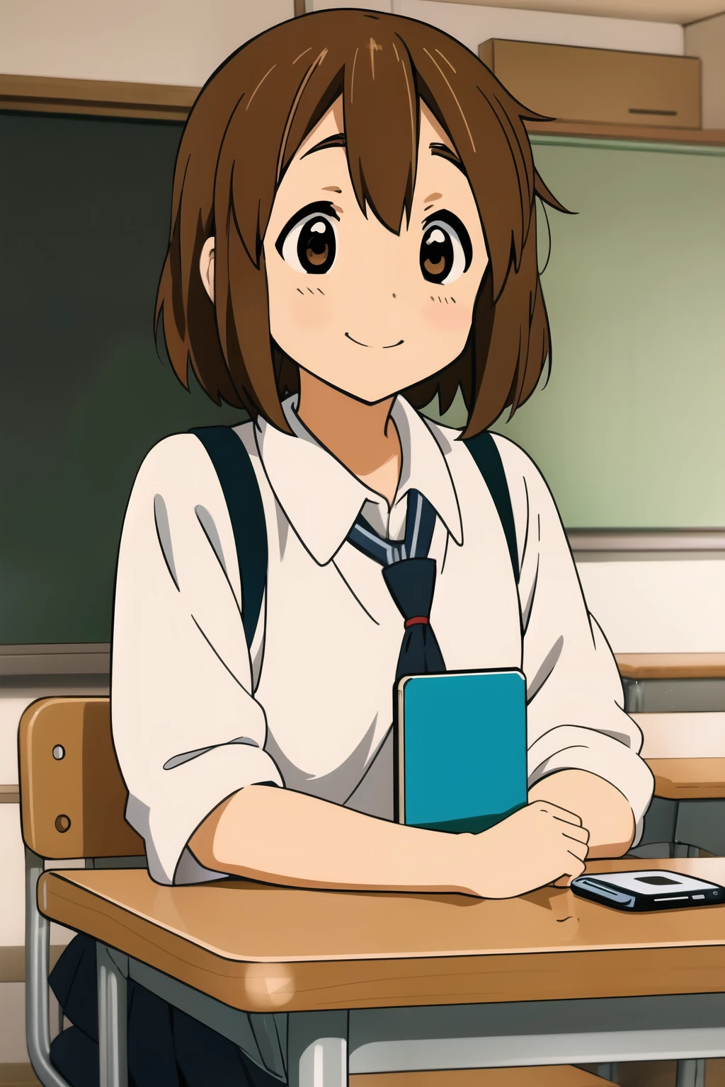 ((masterpiece)), Hirasawa Yui, 1 girl, smiling, short body, short brown hair, school uniform, chatting, with a cellphone, classroom