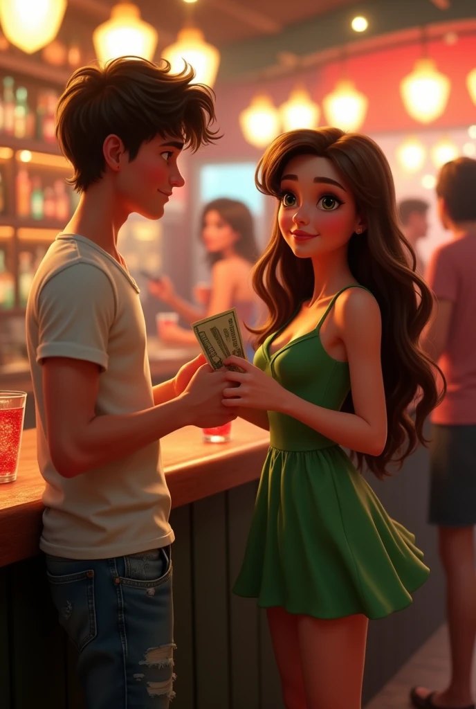 A young man with white t-shirt and jeans giving money to a gorgeous girl with brown hair and green eyes wearing a green short dress in a bar , pixar style, cinematic, masterpiece, high-aesthetic, realistic