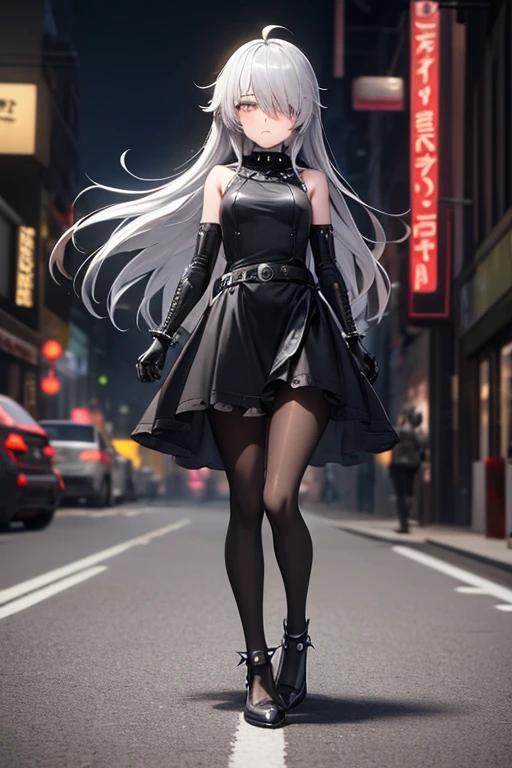 ((best quality)), ((masterpiece)), (detailed), 1 girl, Full body, 18 years old, Depressed face, Silver eyes, Arms behind waist, Eyes covered, Blushing, Silver hair, long hair, ahoge, Bangs, strand of hair covering her right eye, mask, Full body, very tall, very Small breasts, Slim body, Grey hood, Metal spikes, Grey wristbands, Long black gloves with spikes, Grey goth outfit, Gothic lolita, Grey dress, Metal emblem, Tight fitting, Black belt, Metal skin, Black pantyhose, Black shoes, Walking through the city, Metal spikes coming out of the road, City background, Anime