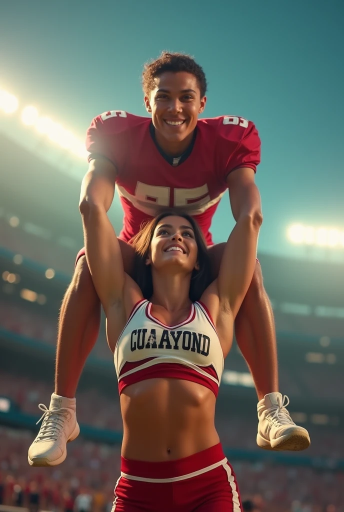 a beautiful muscular female cheerleader, lifting and holding a male football player over her head, smiling at him, scared expression on his face, male being lifted, female lifts male, hyper detailed, dynamic action pose, strong muscular arms, perfect athletic body, blonde hair, tight cheerleader uniform, mid-air, photorealistic, cinematic lighting, dramatic camera angle, vivid colors, high contrast, high quality, masterpiece, 8k