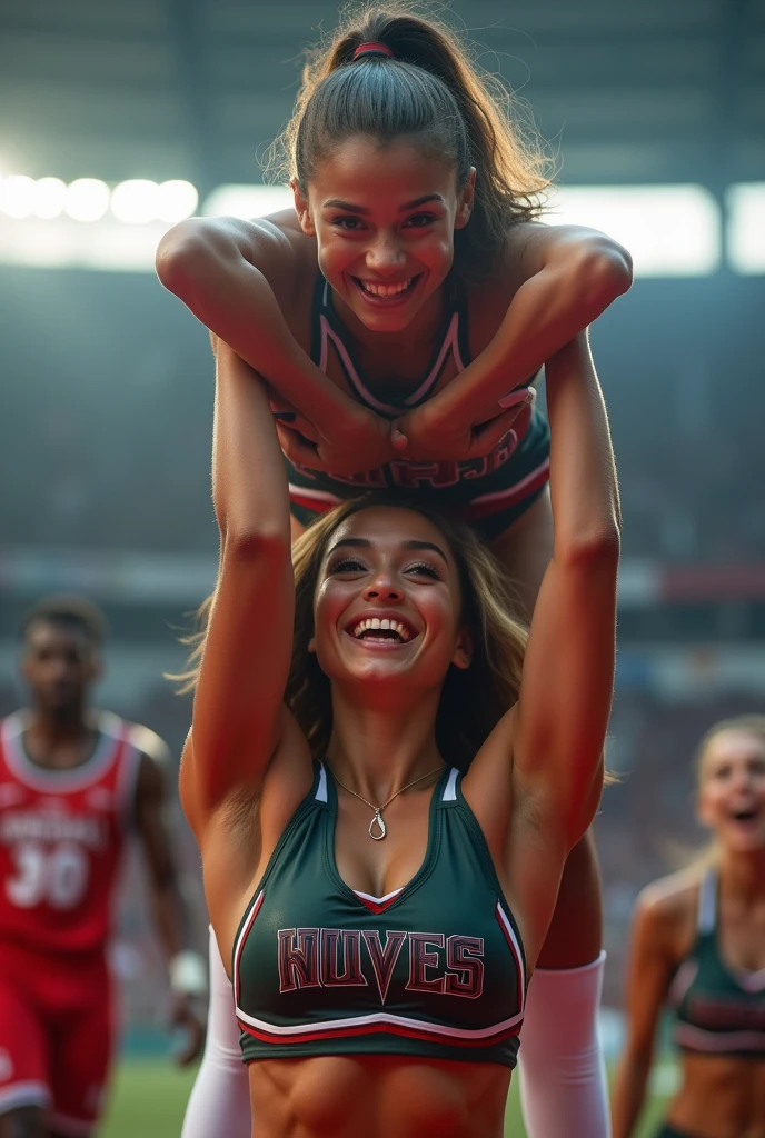a beautiful muscular female cheerleader, lifting and holding a male football player over her head, smiling at him, scared expression on his face, male being lifted, female lifts male, hyper detailed, dynamic action pose, strong muscular arms, perfect athletic body, blonde hair, tight cheerleader uniform, mid-air, photorealistic, cinematic lighting, dramatic camera angle, vivid colors, high contrast, high quality, masterpiece, 8k