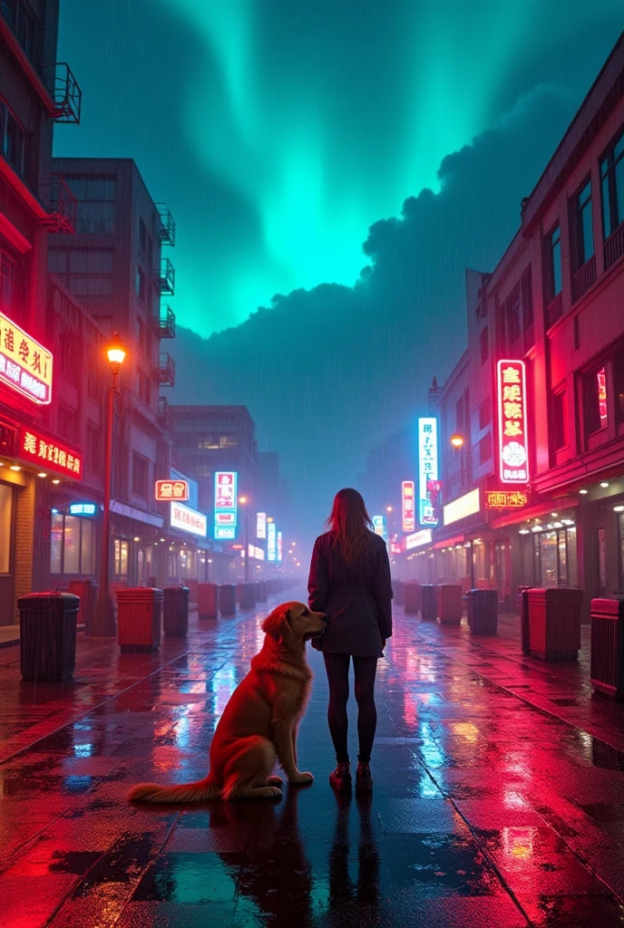 Create an image featuring a person and their golden retriever standing in a neon-lit, rainy street with a dramatic, glowing sky filled with clouds and possibly an aurora or unusual atmospheric phenomenon. The setting should be at night, reflecting the lights on the wet pavement, and capturing a futuristic or cyberpunk aesthetic with a dark red theme.
