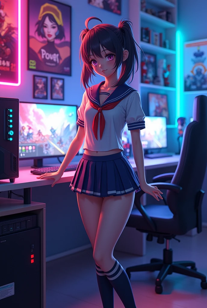 An anime gamer girl wearing a sexy school uniform, next to a gaming computer