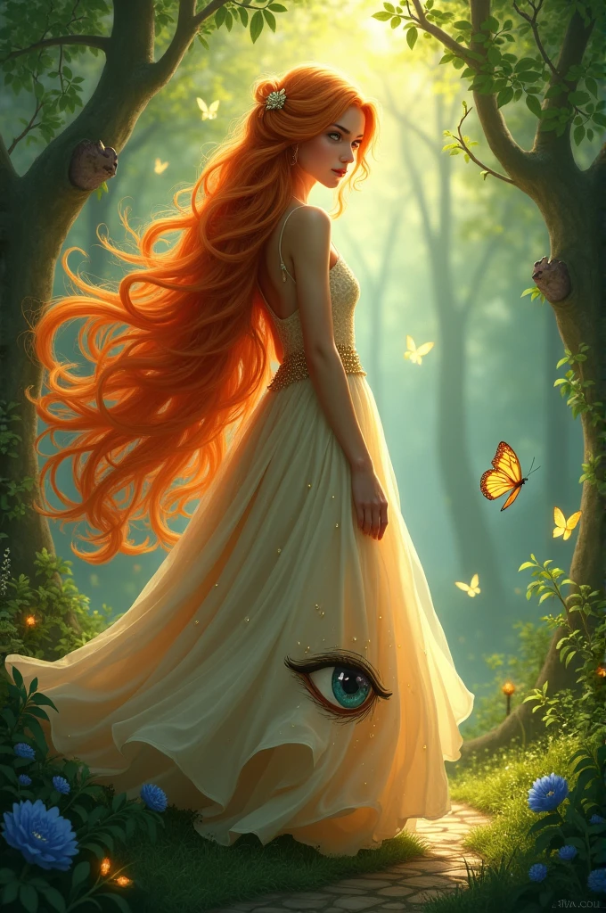 Can you create a drawing of a character with these features: a girl with long orange hair and an elegant dress with an eye print on her skirt.