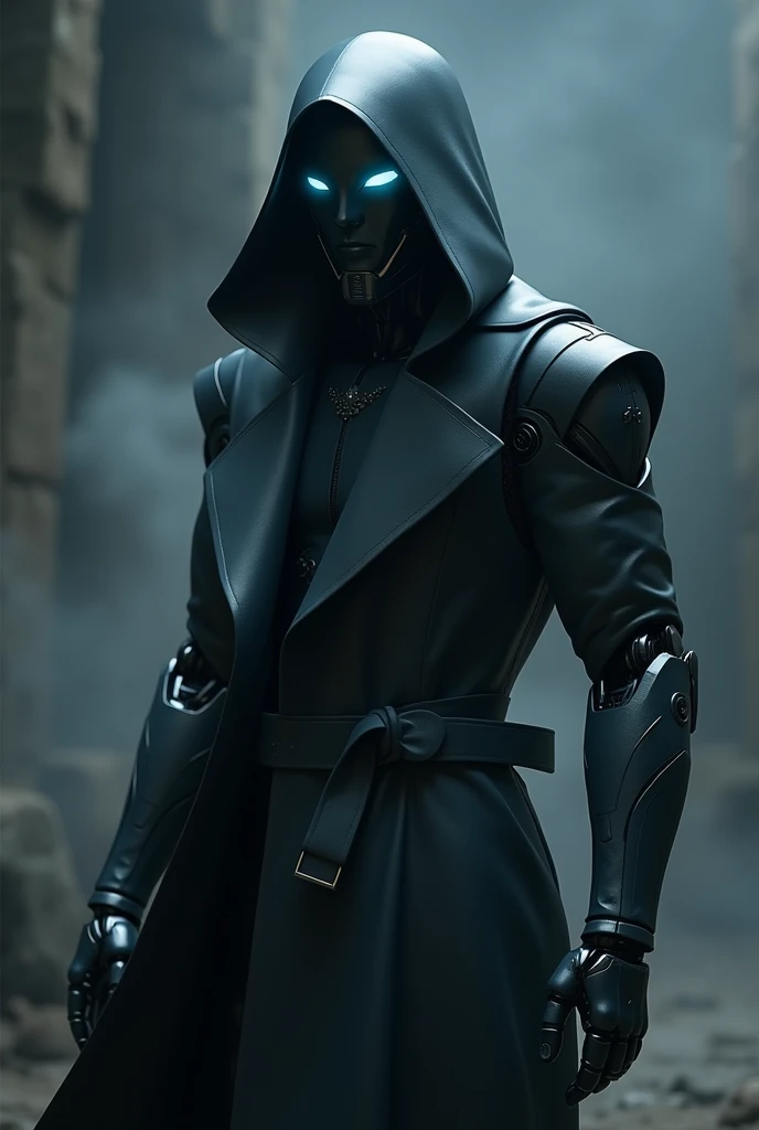 "Create an ultra-realistic image of a futuristic humanoid robot inspired by the style of the 'Project Zeta' series. The robot should wear a dark, sleek trench coat with a hood that partially covers its head. The design should include metallic, polished surfaces with intricate mechanical details, and glowing blue eyes. The robot stands upright, looking directly at the viewer with an intense and focused gaze. The background should be dark and slightly misty, with subtle lighting that highlights the robot's features, adding a sense of mystery and depth."