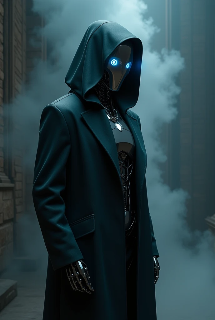 "Create an ultra-realistic image of a futuristic humanoid robot inspired by the style of the 'Project Zeta' series. The robot should wear a dark, sleek trench coat with a hood that partially covers its head. The design should include metallic, polished surfaces with intricate mechanical details, and glowing blue eyes. The robot stands upright, looking directly at the viewer with an intense and focused gaze. The background should be dark and slightly misty, with subtle lighting that highlights the robot's features, adding a sense of mystery and depth."