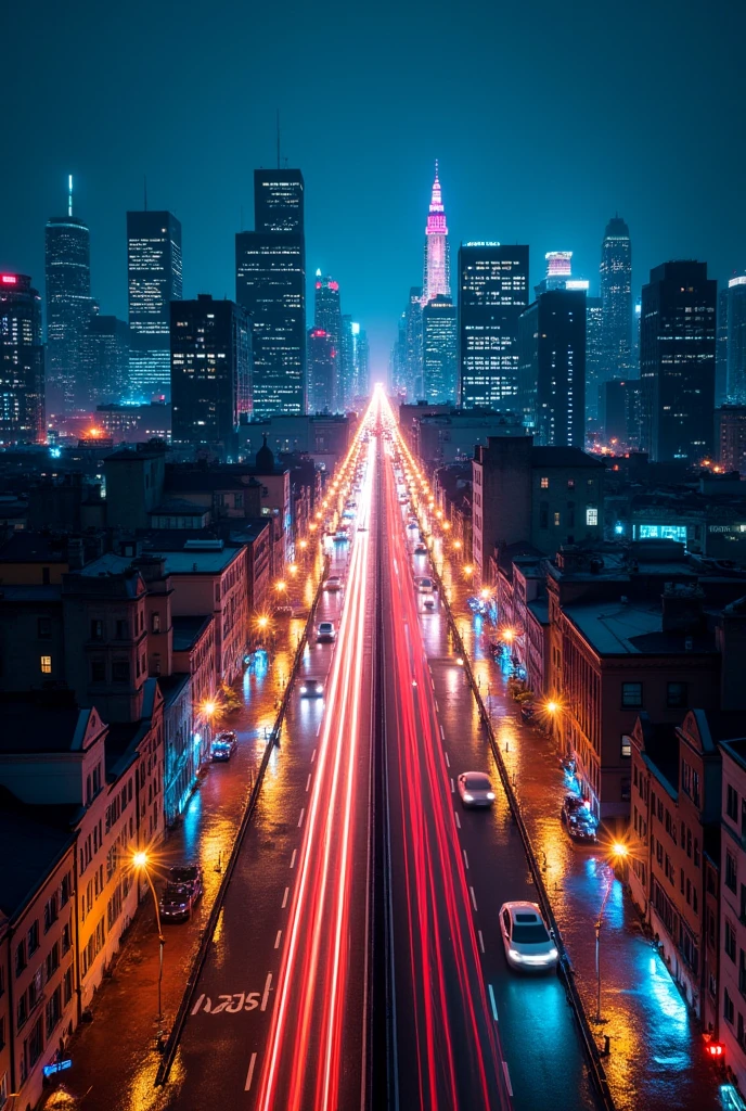 Creat a picture of a city at night with a drone angle they must be a low shutter speed