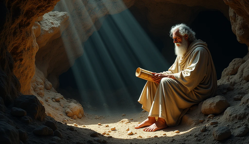 John, the apostle, white bearded, eyes browns, age 60 years, exiled, receiving a prophetic vision of the end times