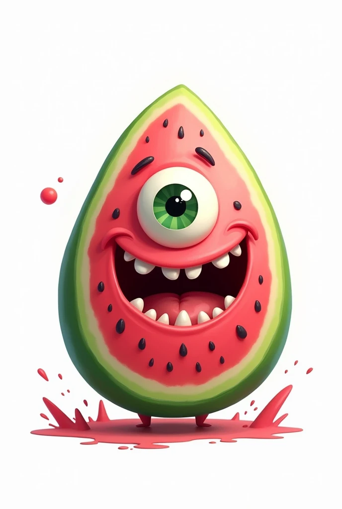 Turn a watermelon slice into a 2D animated character with monster features, only one eye, and a white background.