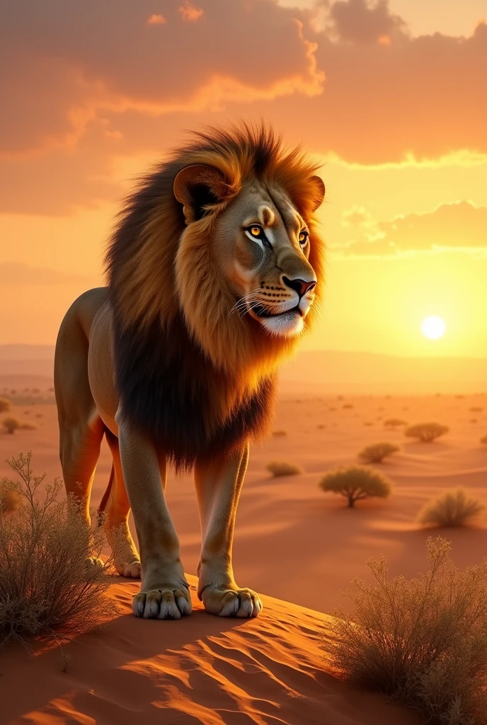 Brave lion in the desert