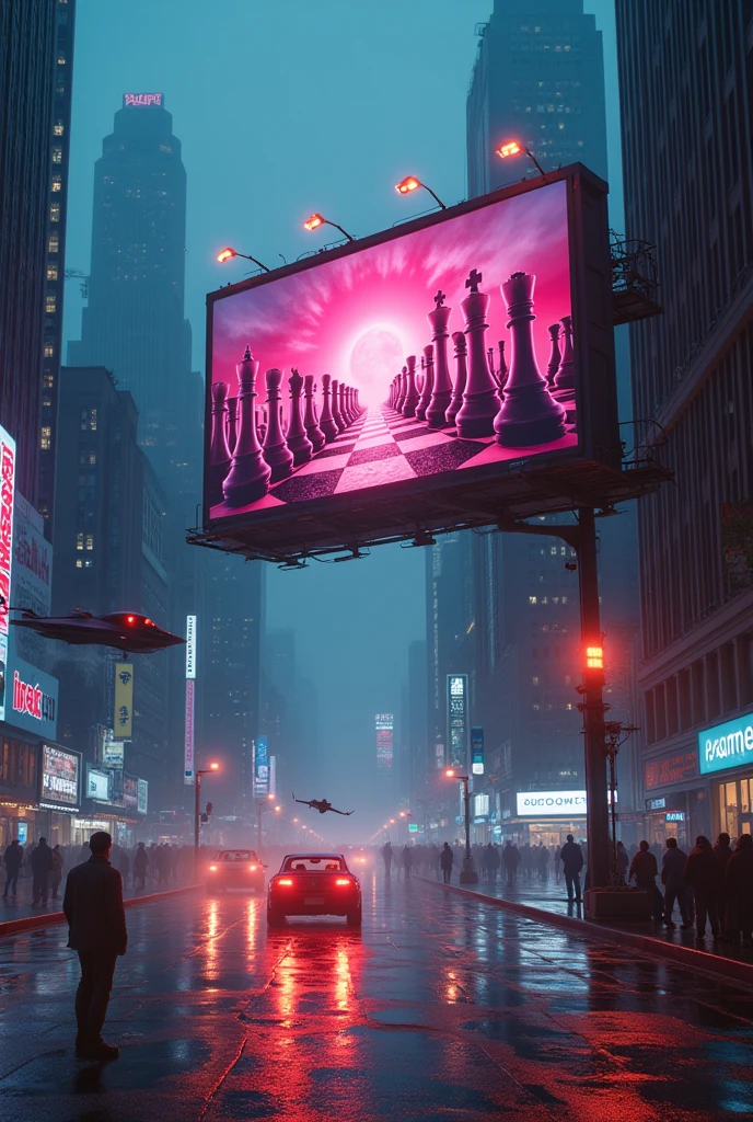 
billboard advertising chess in the blade runner city, proportion 1680x1050

