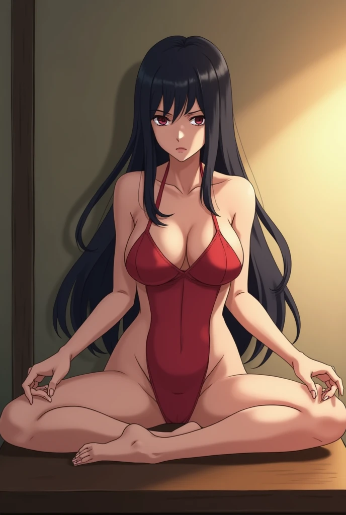 Create an image of the anime Naruto Shippuden's slut sitting on a table opening her legs forward with her vagina wet as if she were very tense