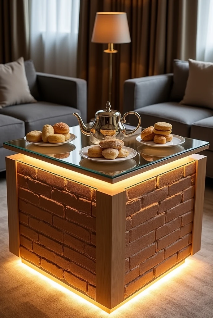 A square hospitality table, handcrafted to be a stylish centerpiece in the guest lounge.. The table top is made of clear glass, adding a touch of sophistication and simply showcasing what is placed on it.. The sides are made of MDF wood clad with textured wallpaper that resembles brick, giving the table a modern and economical feel..
Equipped with soft interior lighting using a warm LED strip, it spreads a soft and beautiful glow throughout the room.. The table is adorned with a stylish teapot and some light breakfast treats, enhancing the hospitality atmosphere and adding a warm and welcoming touch.