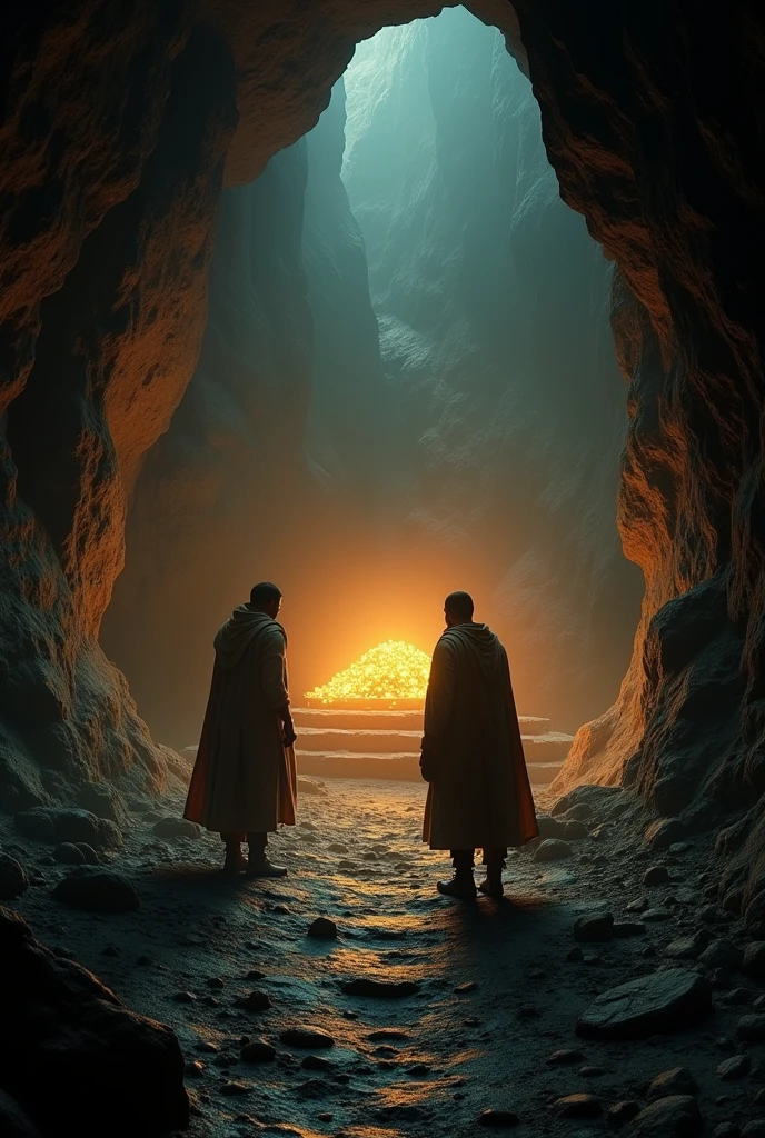 **Vikram turned back and said, “There’s only a step’s difference between friendship and enmity.Vikram turning back with a cold, calculating expression, delivering his chilling line to a shocked Arjun, with the dark cave and treasure in the background.*