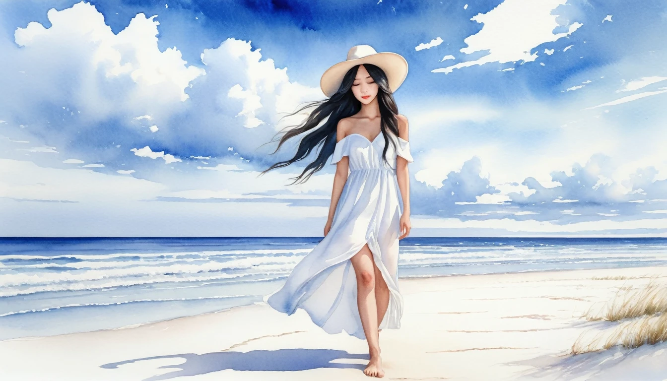 Watercolor art of fine white sand beach，An oriental girl with long flowing hair，long black hair，Wearing a hat to reveal half of your face.Real person presents minimalist style .White off-the-shoulder dress with V-neck and V-neck，looking at the sea，bare feet.photo by full body，blue sky and white clouds，Facing the sea with small waves，