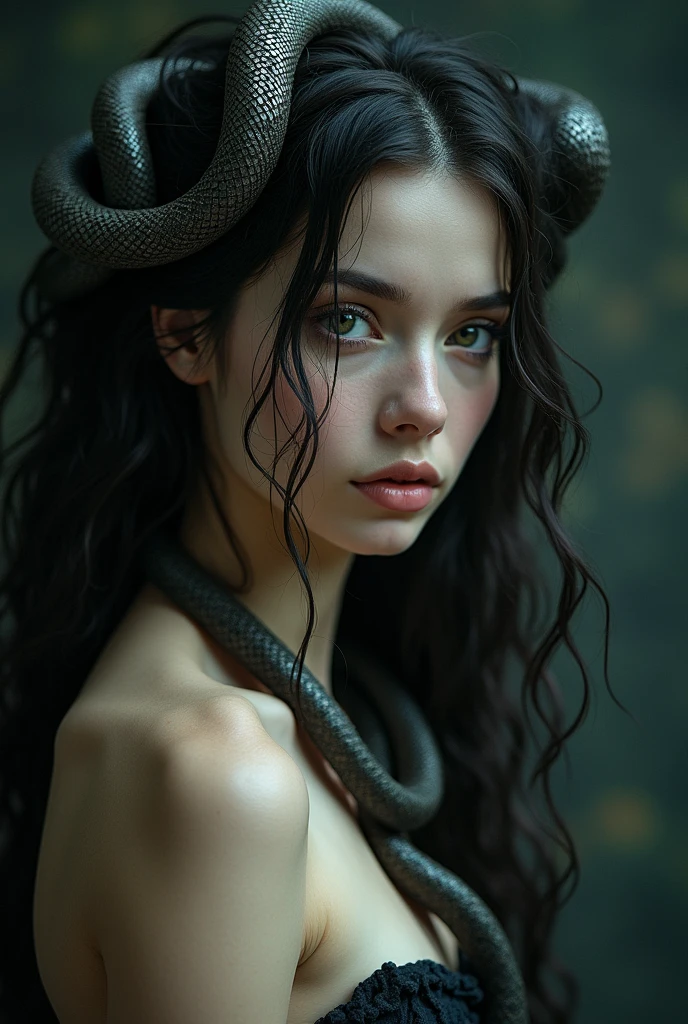 Topless girl , snakes for hair, detailed face, piercing eyes, flowing locks of snakes, pale skin, intricate snake scales, feminine figure, dramatic lighting, cinematic composition, dark fantasy, dramatic shadows, moody colors, rich textures, highly detailed, 4k, realistic, photorealistic, masterpiece
