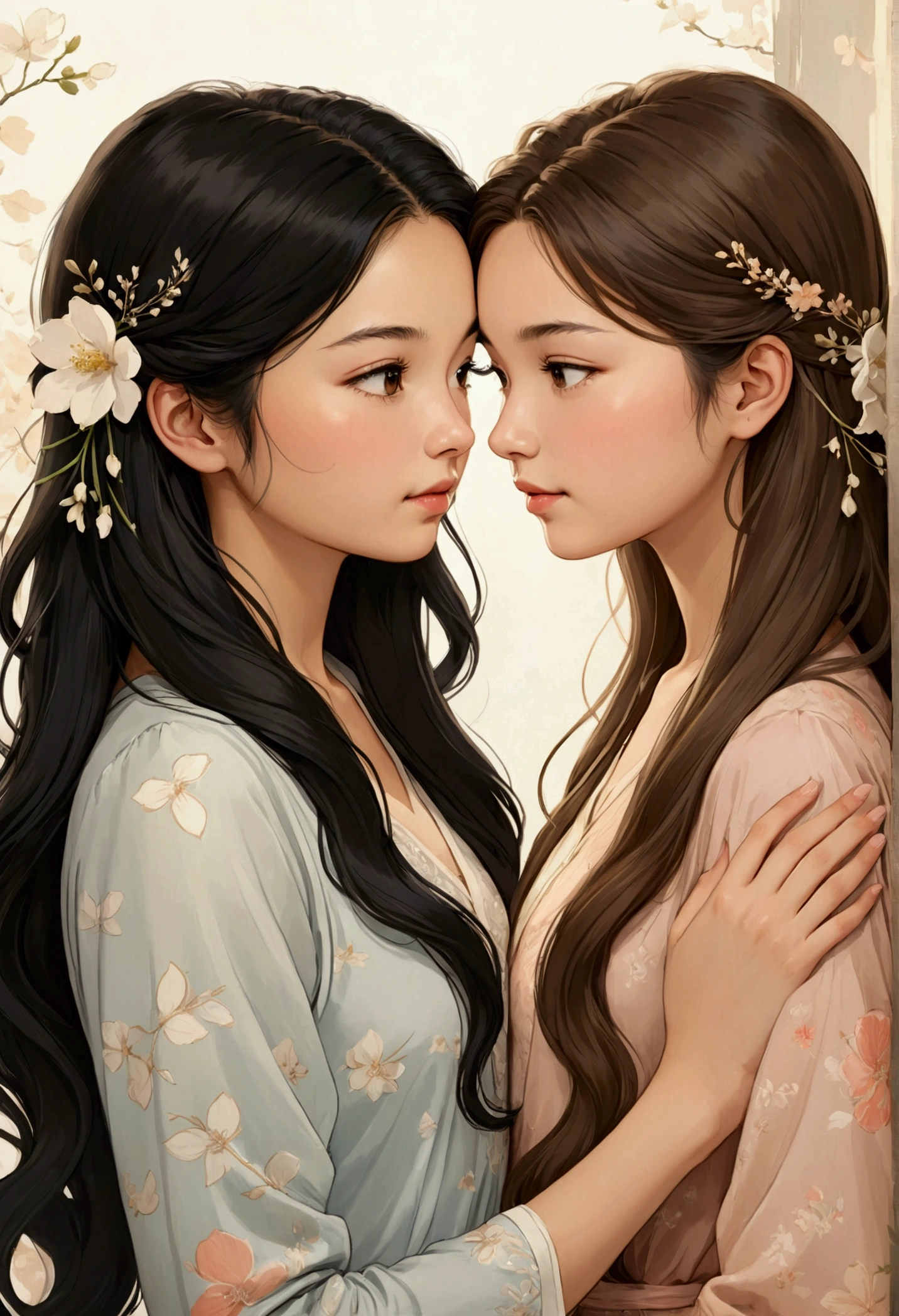 Two beautiful young women in the style of Sarah Kay, very much in love and tender with each other. One is a beautiful young woman, with delicate British features and long light brown hair, and she is smelling the hair of the other, who is a beautiful young woman with delicate Asian features, long black hair, both dressed in a modern way.