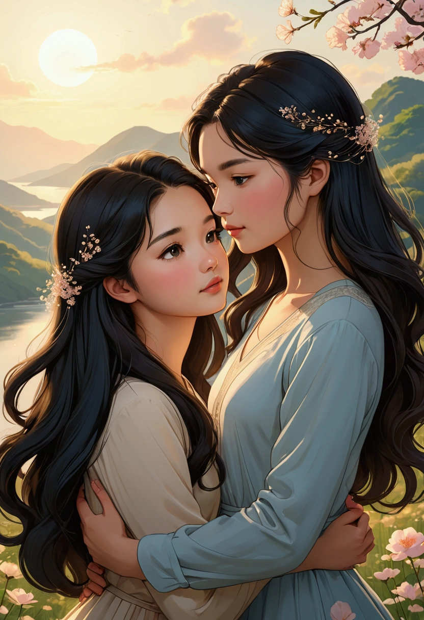 Two beautiful young women in the style of Sarah Kay, very much in love and tender with each other. One is a beautiful young woman, with delicate British features and long light brown hair, and she is smelling the hair of the other, who is a beautiful young woman with delicate Asian features, long black hair, both dressed in a modern way.