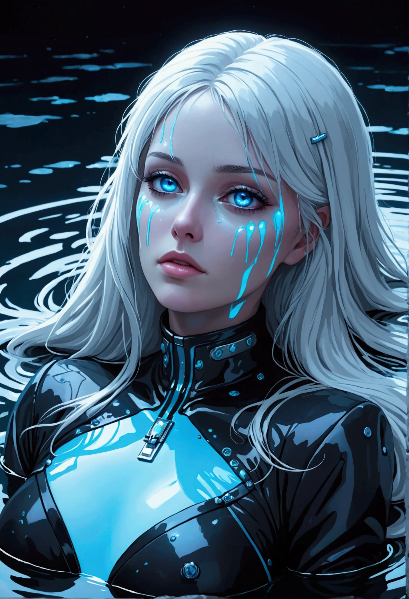 ((best quality)), ((masterpiece)), (detailed), perfect face, a beautiful woman with white long hair and a sky blue reflection, she has a tufted fringe, she has sky blue eyes, she has total black cyber suit clothes with some neon sky blue lights on it, cyber line on her face, she is suffering and dying lying in a pond, she has fatal injuries. total body. There is blood on her body and there is blood in the water.
