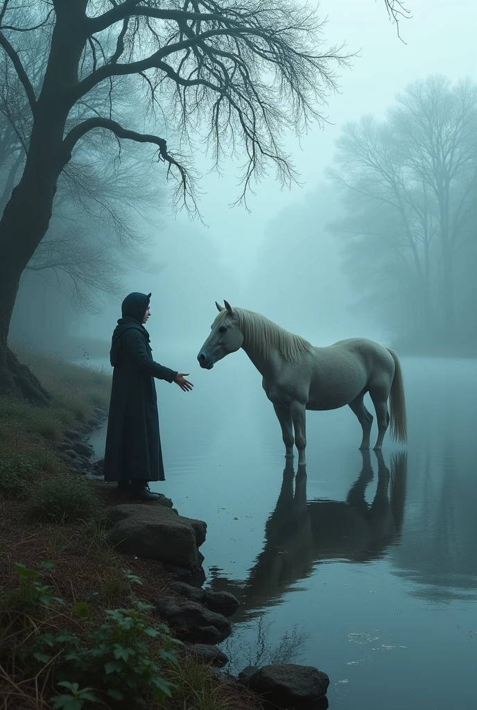 scene where a lone traveler is being lured by a beautiful, seemingly harmless horse near a secluded, foggy lake. The traveler, unaware of the creature’s true nature, reaches out to touch the Kelpie, while the horse’s eyes gleam with a sinister, almost predatory intelligence. The surrounding landscape is wild and untamed, with dark, twisted trees and thick underbrush, hinting at the danger that awaits.