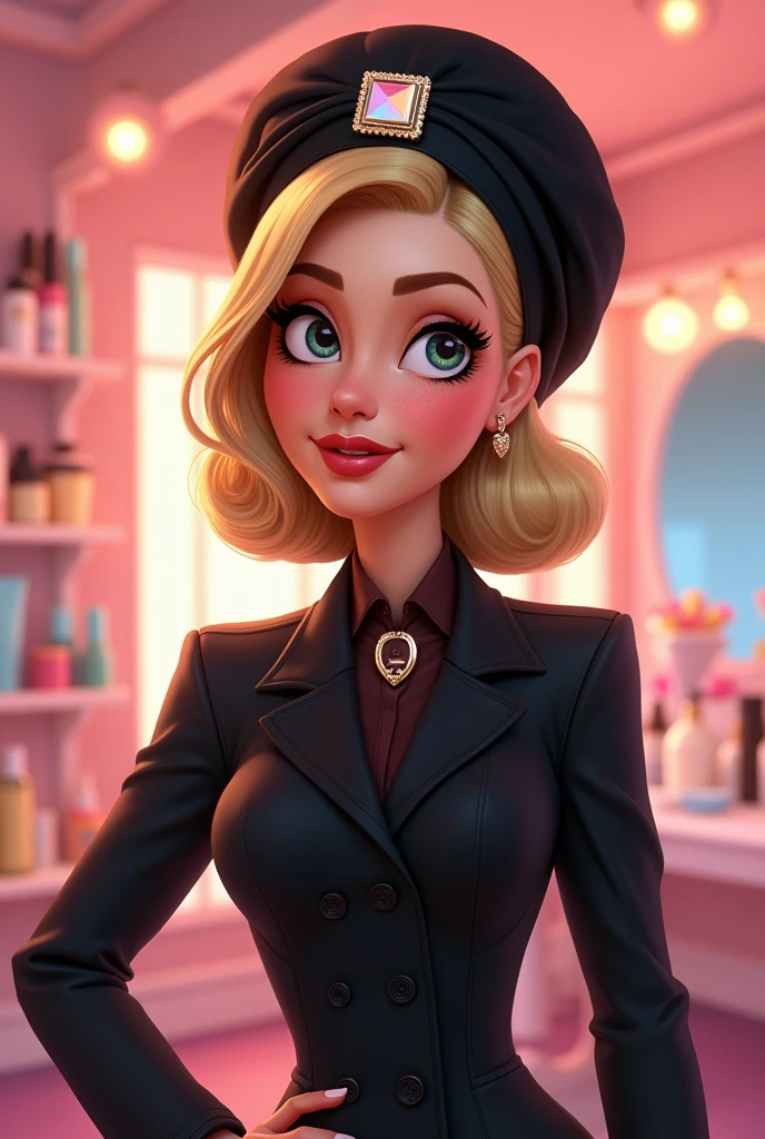 Make a beauty professional with a black lab coat, black turban, rectangular brooch, Round face, chubby, mature woman, straight blonde hair, Disney style drawing, with right hand pointing to the side