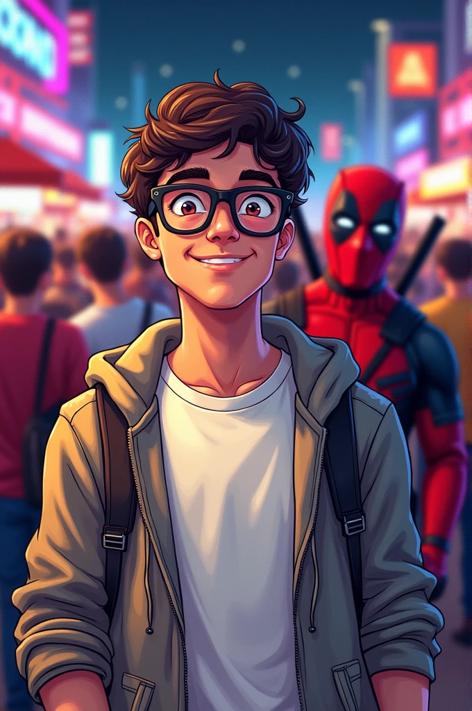Draw a young man in comic style (Peter Parker) wearing glasses, a white t-shirt and a hoodie tied around her waist, posing for a selfie in a low-light environment. Behind this person, someone dressed as Deadpool is posing in the picture., the comic book character. The scene appears to be at a crowded event., like a convention or a party, since there are several people in the background.