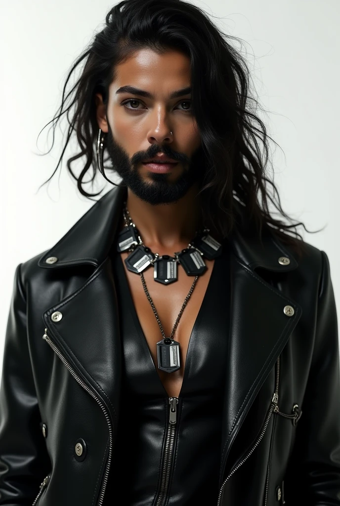 a bearded Caveira woman, wearing a black jacket and an open leather vest, dog tags style necklace, white background, hyper realistic, 8k, high quality, cinematic lighting, detailed facial features, sharp focus, intricate details, dramatic pose, dark and moody atmosphere, chiaroscuro lighting