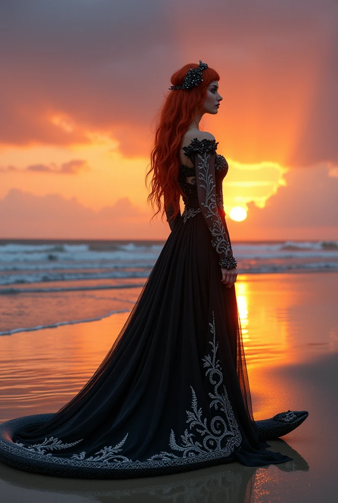 Red-haired snake woman,in a black Victorian dress with silver,sunset and rain background on the beach with sun rays with rainbow