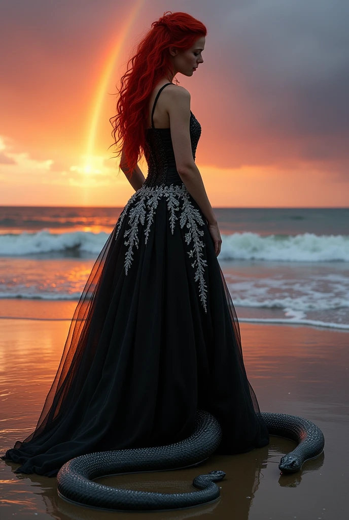 Red-haired snake woman,in a black Victorian dress with silver,sunset and rain background on the beach with sun rays with rainbow