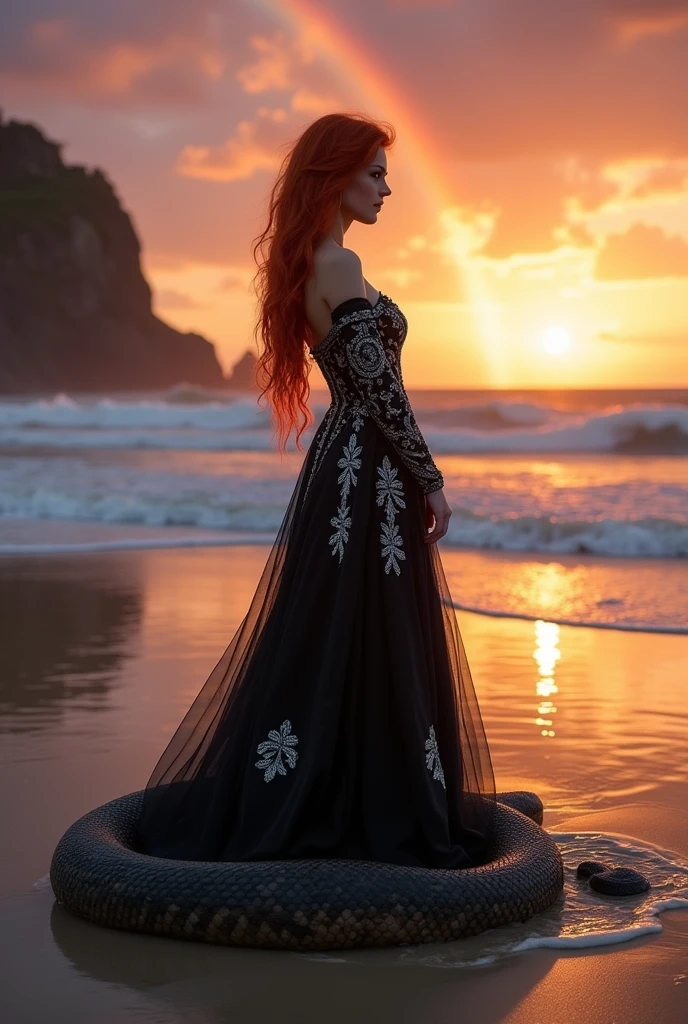 Red-haired snake woman,in a black Victorian dress with silver,sunset and rain background on the beach with sun rays with rainbow