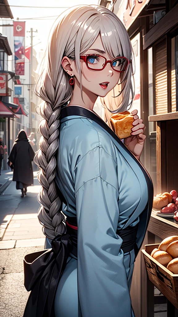 (One person:1.3), masterpiece, Highest quality, Great beauty, [[3d]], 4K, Absurd, In detail, Highly detailed eyes, Perfect Anatomy, Official Art, Cinema Lighting, break, island, Silky long hair, Long braids, Gray Hair, Highly shiny detailed blue eyes, Big eyes, Cute eyes, Thick eyebrows, Gaze Up, Open your mouth, Fuller lips, Straight teeth, Rouge, False eyelashes, Red lips, Red round self-frame glasses, Earrings, Excited face, break , Big Breasts, expensive, Moderate, Glowing Skin, Gnawing bread, From behind, break ,kimono, break,