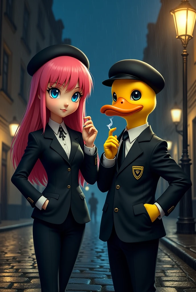 A girl with pink hair and blue eyes next to a yellow humanoid duck, Both are wearing English mafia-style clothing and wearing black berets and smoking a cigarette with serious faces, They are on a street in England at night under a streetlamp. anime girl