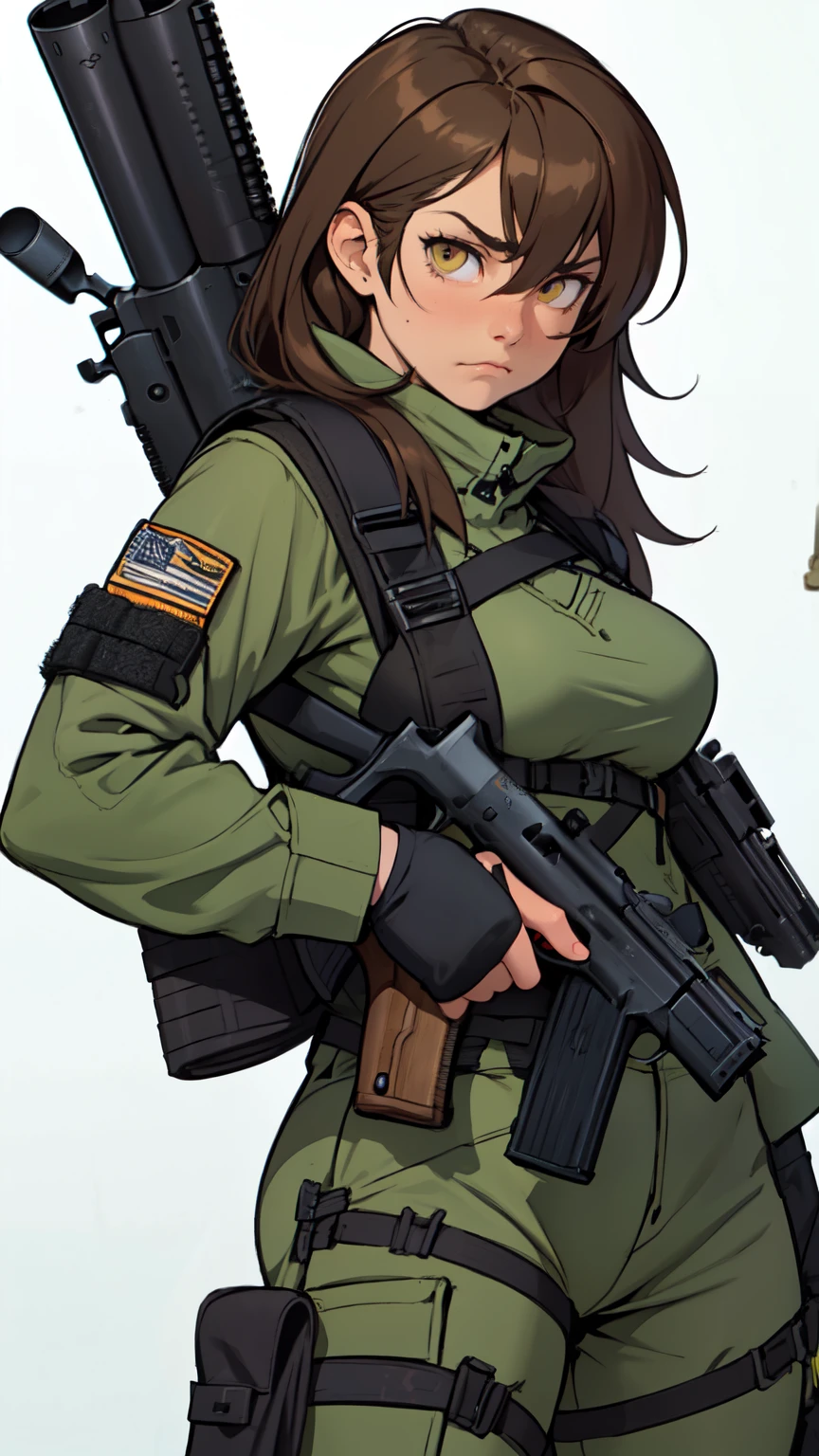brown hair girl hazel eyes solo muscular girl toned body perky breasts empty eyes frown thick pale skin ((((shooting range weapon gun firearm tactical gear))))