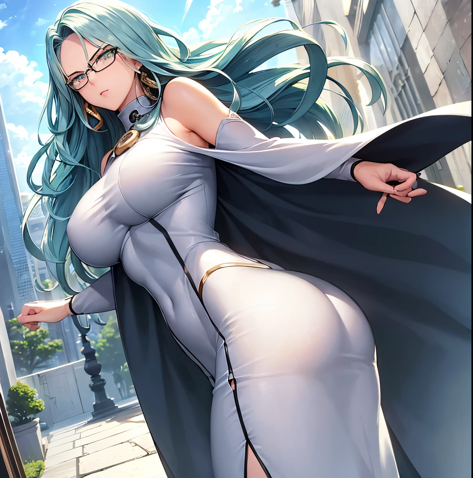 ((1girl)),((alone)),psykos (one punch man),(masterpiece), (best quality), (ultra detailed), (best illustration), (best shadow), (absurdities), sharp focus , cowboy shot, atmospheric perspective, depth of field, dynamic posture looking at the viewer, big breasts, narrow waist, wide hips, wide thighs, round butt, erotic, romantic, (very detailed eyes, lips 1.1), very detailed eyes, eyes, Very detailed face, Very beautiful face, Symmetrical face, Aesthetic face, perfect face, perfect eyes, detailed eyelashes: 1.5), full height, beautiful slim figure, femininity, expressive appearance, elastic big breasts, sexuality, mature woman, hair cyan, wavy hair, very long hair, glasses, earrings, white dress, brooch, underbust, long dress, tight dress, bridal gloves, black elbow-length gloves, glare, full body, hand on hip, curves , defined body, Perfect and beautiful body, perfect and beautiful, closed mouth, neutral expression, serious face, blushing, (sexy pose: 1.2), ((solo)), standing: 1.3, ((Japanese style house, exterior, landscape urban, streets, city, light reflection, clouds, sunny)), looking back from behind, ((focus on ass)), point of view: (from below), perfect anatomy, perfect hands