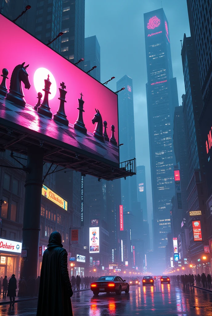 
billboard advertising chess in the blade runner city, wallpaper proportion 1680x1050
