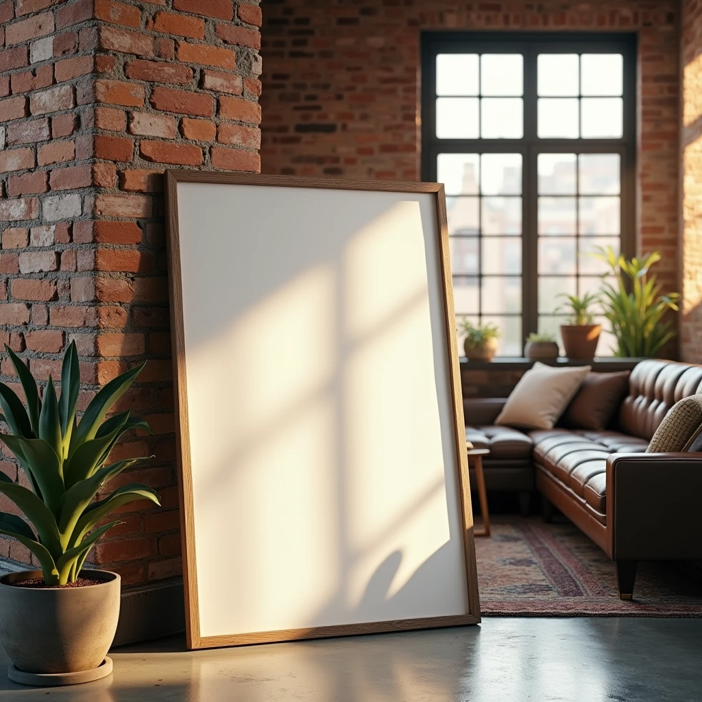 A framed A4 poster with blank canvas, leaning against a brick wall in an industrial-style loft. The poster is bathed in a warm golden light coming from a large industrial-style window nearby. The floor is polished concrete, with some vintage furniture scattered around, adding to the rustic yet modern vibe.