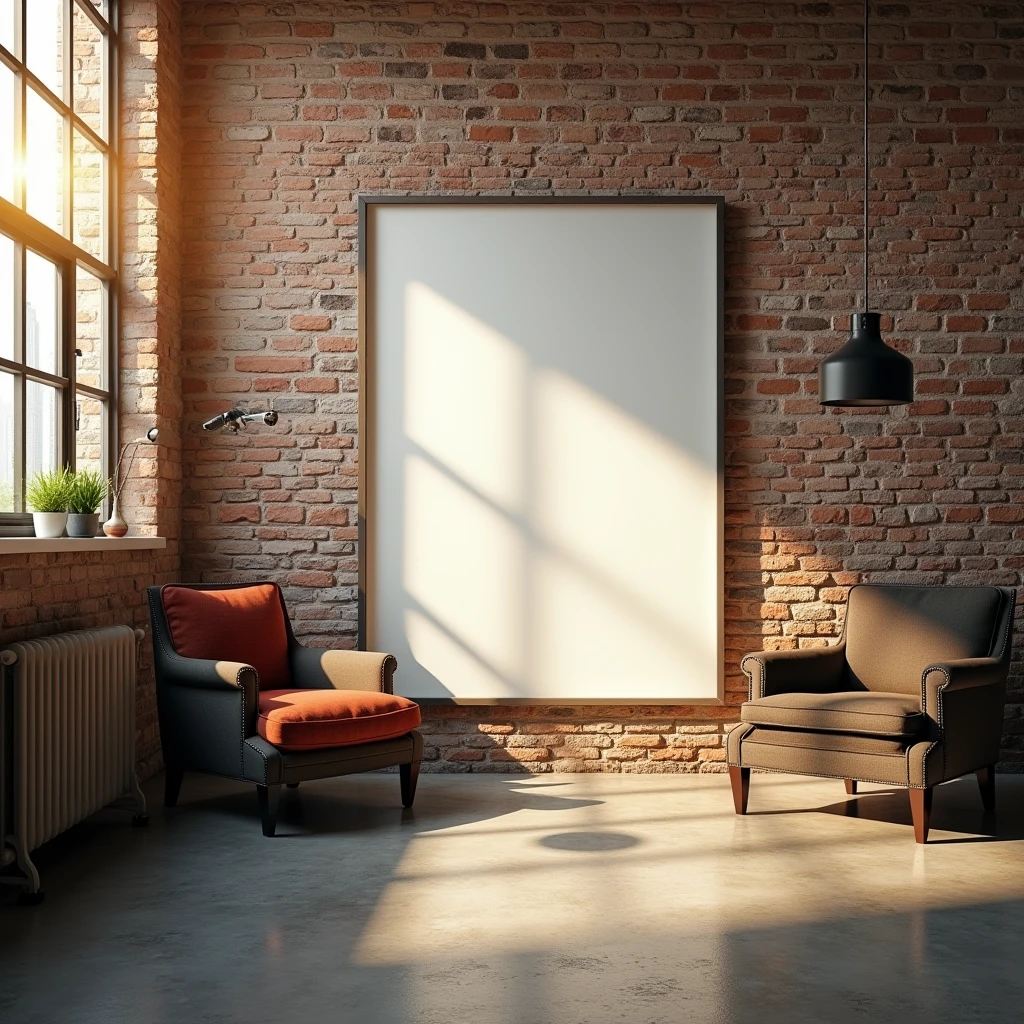 A framed A4 poster with blank canvas, leaning against a brick wall in an industrial-style loft. The poster is bathed in a warm golden light coming from a large industrial-style window nearby. The floor is polished concrete, with some vintage furniture scattered around, adding to the rustic yet modern vibe.