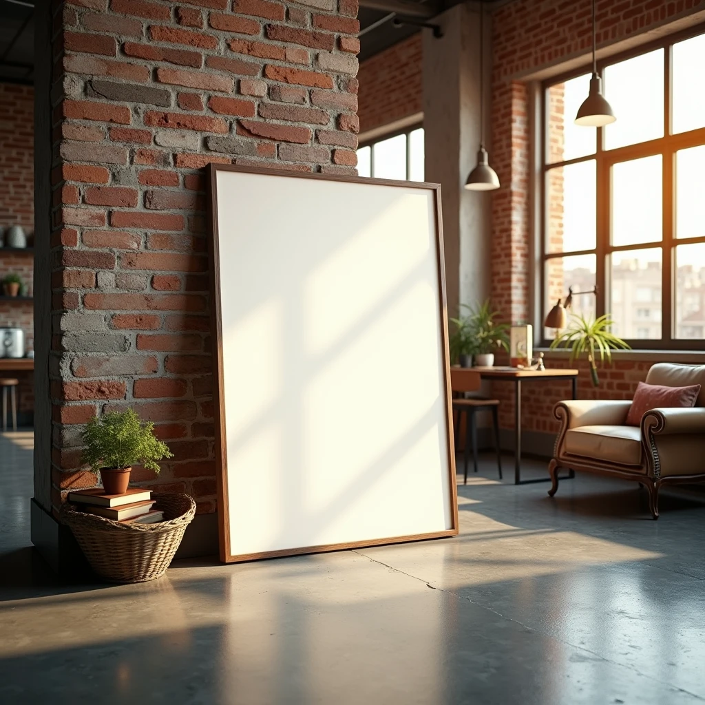 A framed A4 poster with blank canvas, leaning against a brick wall in an industrial-style loft. The poster is bathed in a warm golden light coming from a large industrial-style window nearby. The floor is polished concrete, with some vintage furniture scattered around, adding to the rustic yet modern vibe.
