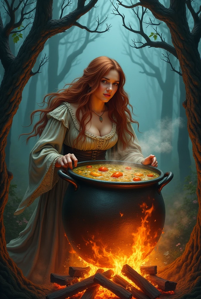 Girl with big breasts being cooked in a cauldron (on top of a fire) full of soup (realisitic)