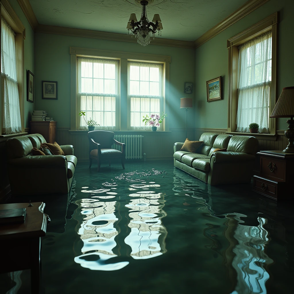 kodak portra 4 0 0 photographic and realistic, destroy old worn 7 0 s living room, detailed, octane render, unreal engine, 4 k, artstation, hyper realistic, wide angle, floor flooded, how a river, objects that float, 3 5 mm, sharp focus, soft light, volumetric light fog, in the style of gregory crewdson, dramatic lighting, dramatic scene