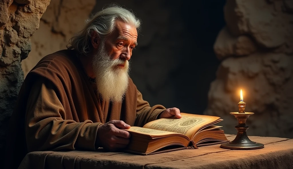 John, the apostle, white bearded, eyes browns, age 60 years, exiled, receiving a book with 7 seals