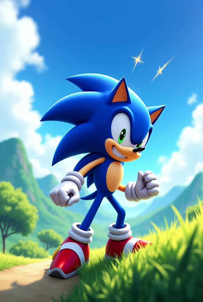 Sonic is a blue hedgehog with long, pointed spines that extend backwards. He has big, green eyes, and wears white gloves and red shoes with a white stripe. His body is slender and athletic, and he always displays a confident and dynamic posture.