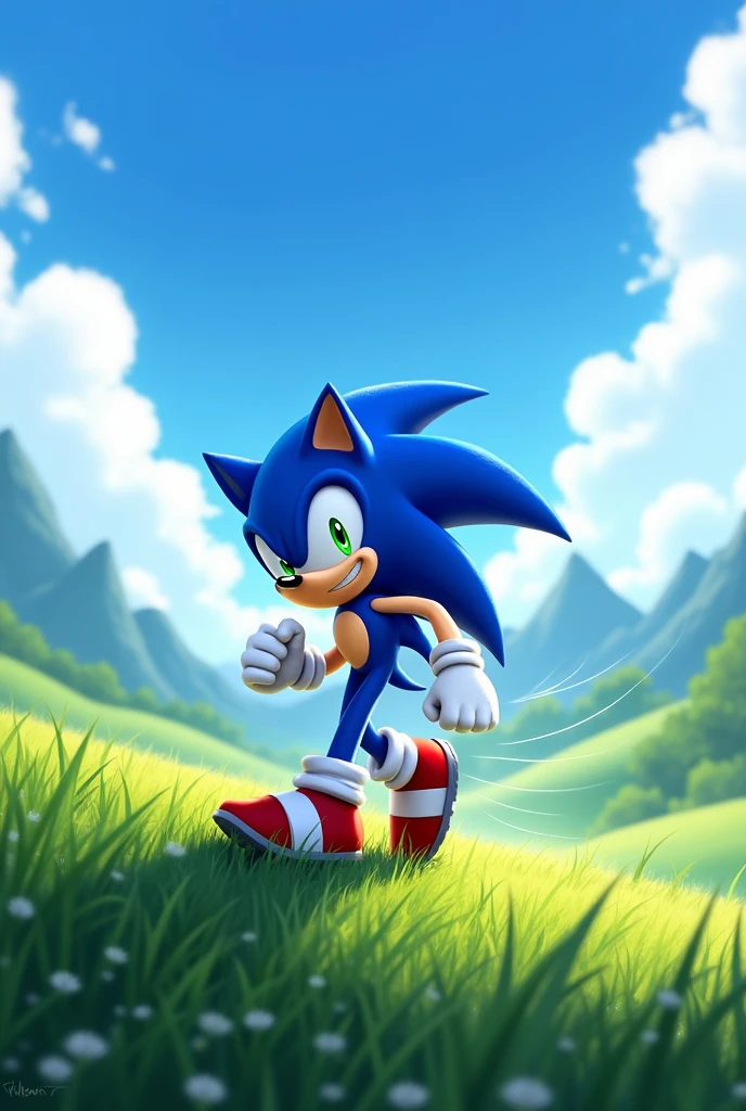 Sonic is a blue hedgehog with long, pointed spines that extend backwards. He has big, green eyes, and wears white gloves and red shoes with a white stripe. His body is slender and athletic, and he always displays a confident and dynamic posture.