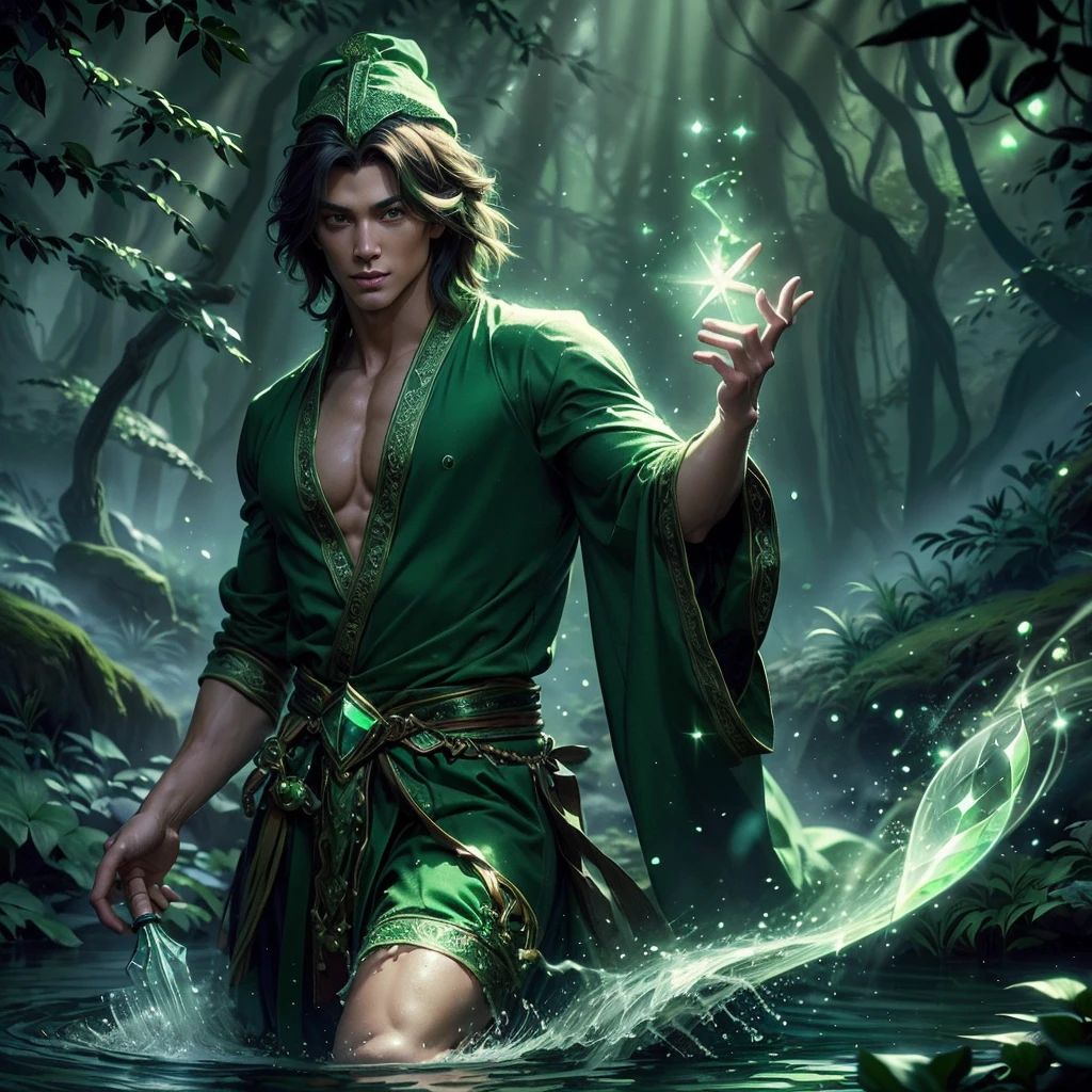 a muscular handsome wizard, extremely detailed face, short hairstyle, looking at the viewer majestically, emerald green robe, wood wand with emerald crystal, wand in hand, sexy look, wizard hat, smooth skin, standing on a lake, doing nature magic,